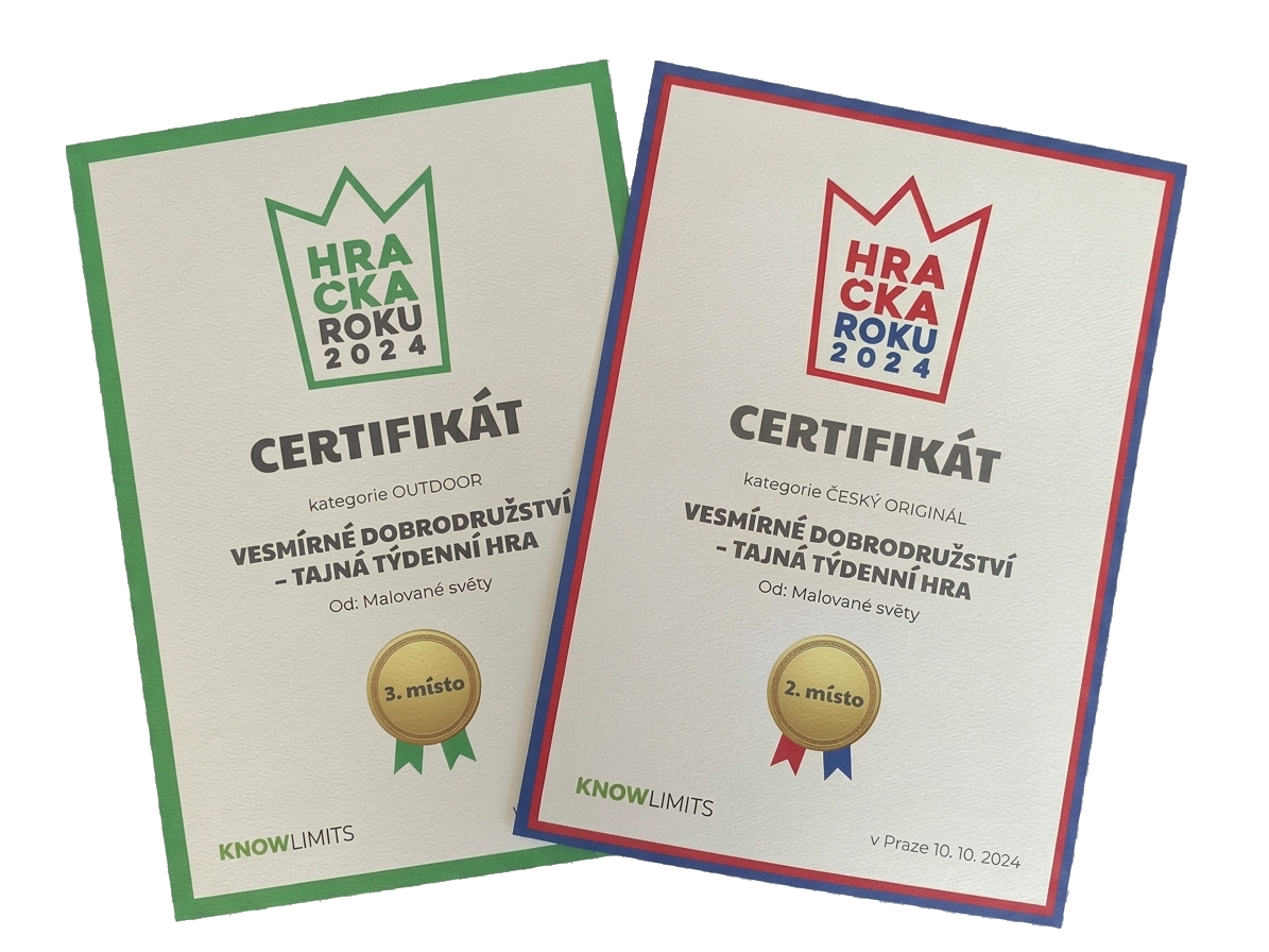 Certifikáty Hračka roku 2024 — 2. místo Český originál, 3. místo Outdoor